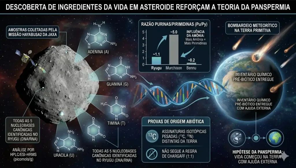 Cientistas descobrem o conjunto de nucleobases do DNA e RNA em amostras do asteroide Ryugu, reforçando a teoria da panspermia, de que a vida na Terra veio do espaço