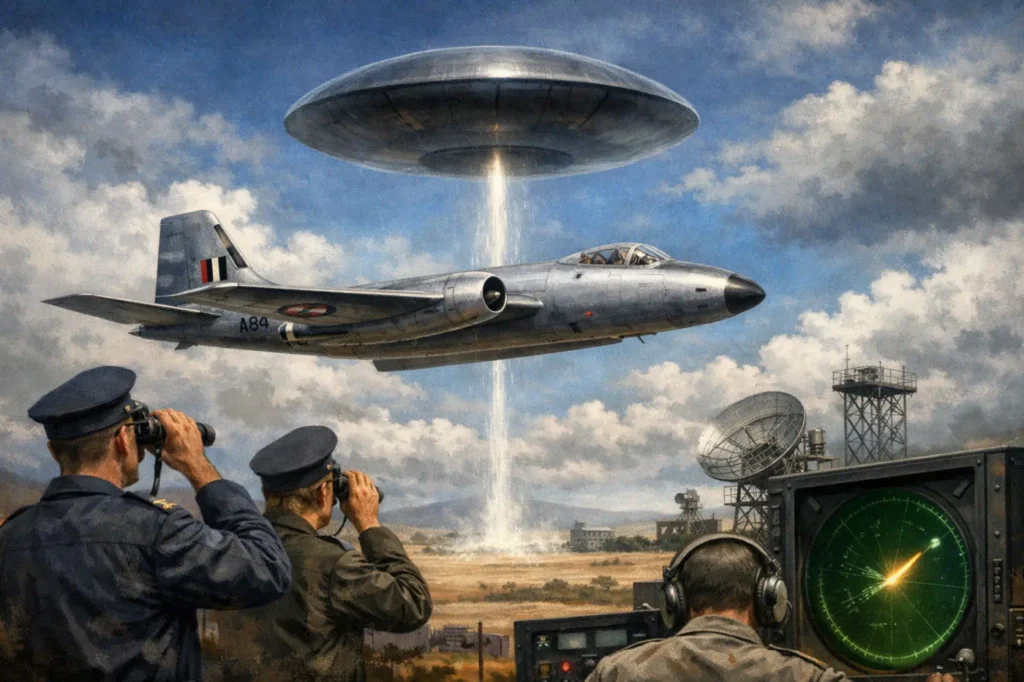 Arquivos da Austrália revelam que UFO rastreado em Woomera atingiu Mach 5 e EUA foram informados 1 Ilustração artística do incidente ocorrido em 1954 no Campo de Provas de Woomera, na Austrália, quando um objeto voador não identificado foi detectado por radar e observado por militares enquanto um bombardeiro Canberra da RAAF realizava manobras de teste.