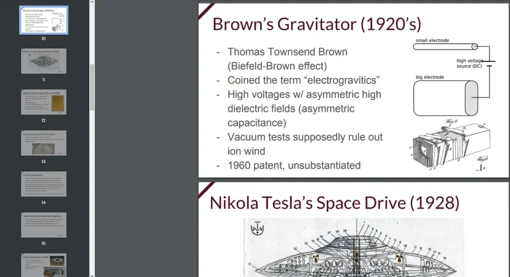 Historia da pesquisa sobre antigravidade e teorias exóticas nos slides de uma palestra apresentada por Amy Eskridge (reprodução)