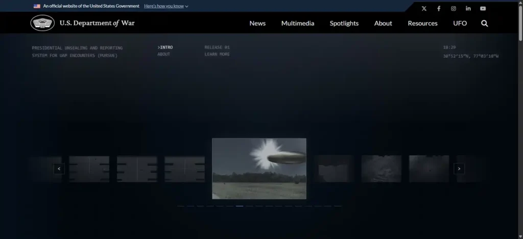Área do site do Departamento de Guerra dos EUA dedicada a UFOs. A liberação não aconteceu pelos domínios alien.gov ou alien.gov como se esperava