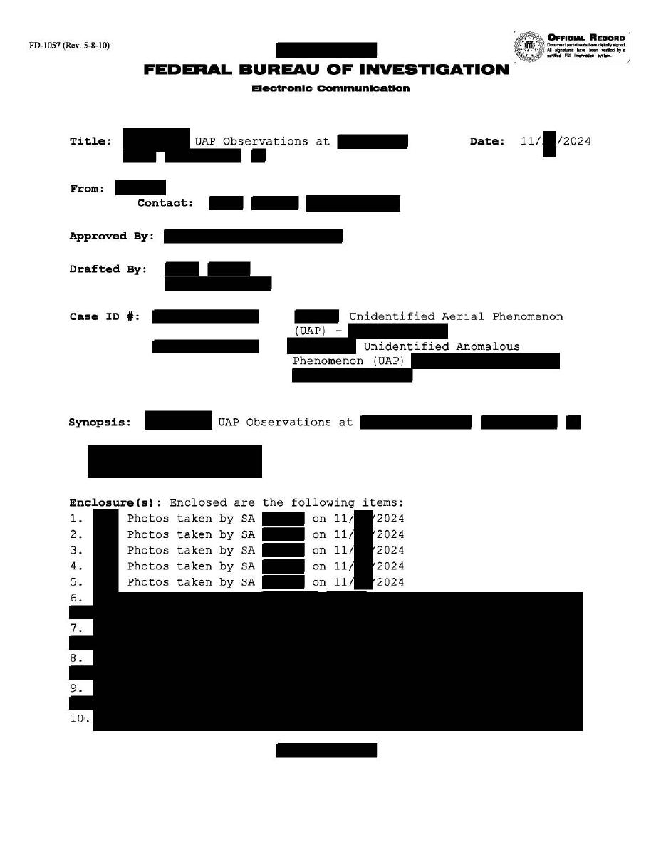 O caso que o FBI não consegue fechar: cinco anos de 'orbes' luminosos no Nordeste dos EUA 2 Documento FD-1057-06 registra o contato de dois agentes do FBI com o fenômeno (Reprodução)