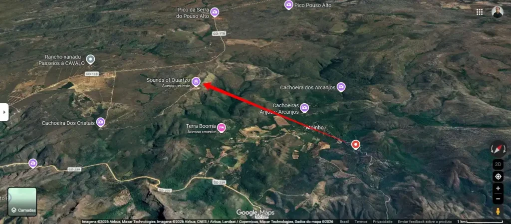 O local do registro fica a cerca de 3km de localização da região onde aconteceu o Sound of Quartzo, com visão direta para a borda do altiplano (Google Maps)