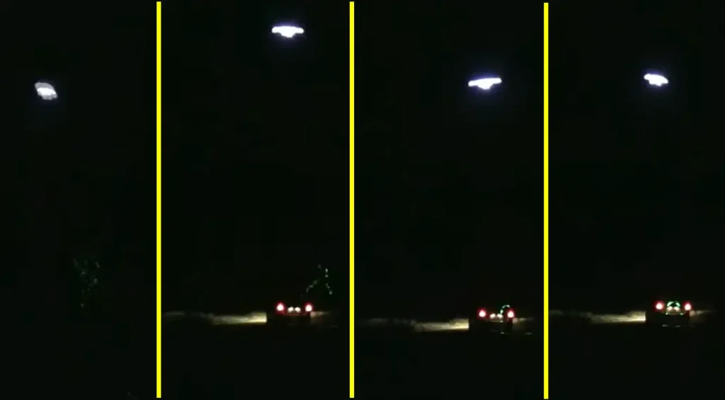 Recortes da sequência do OVNI 'scanner' do Michigan em 2013 - apenas o suposto OVNI e o feixe, e a seguir o feixe atingindo o carro (Reprodução Youtube/Research4truth12)