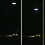 Recortes da sequência do OVNI 'scanner' do Michigan em 2013 - apenas o suposto OVNI e o feixe, e a seguir o feixe atingindo o carro (Reprodução Youtube/Research4truth12)