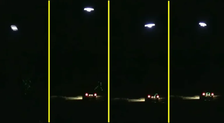 Recortes da sequência do OVNI 'scanner' do Michigan em 2013 - apenas o suposto OVNI e o feixe, e a seguir o feixe atingindo o carro (Reprodução Youtube/Research4truth12)