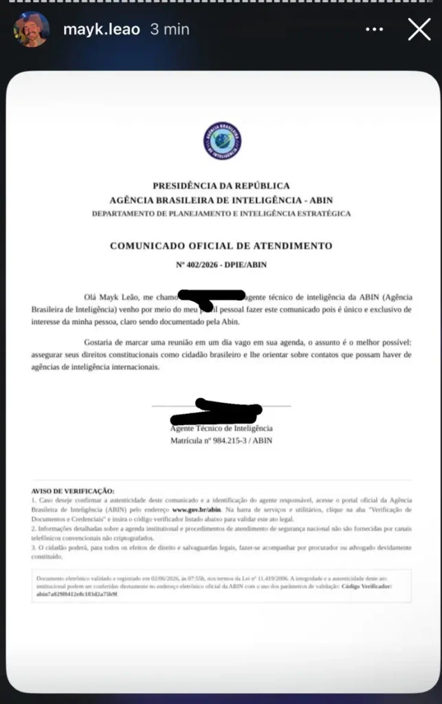 Suposta carta da ABIN. Tarja desnecessária: nome, link de verificação e proposta falsas. Trabalho de 'troll' (reprodução instagram/@mayk.leao)