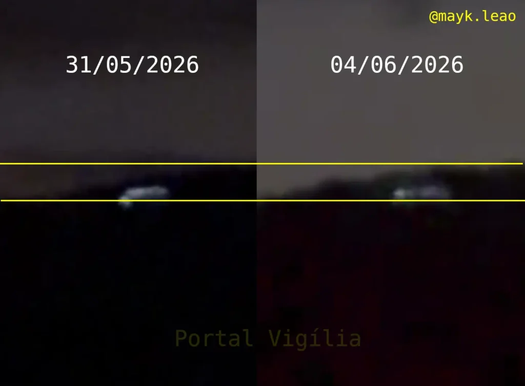 Um comparativo entre a imagem que viralizou em 31 de maio e o vídeo de hoje, 4 de junho - correspondência exata de relevo e posição (reprodução)