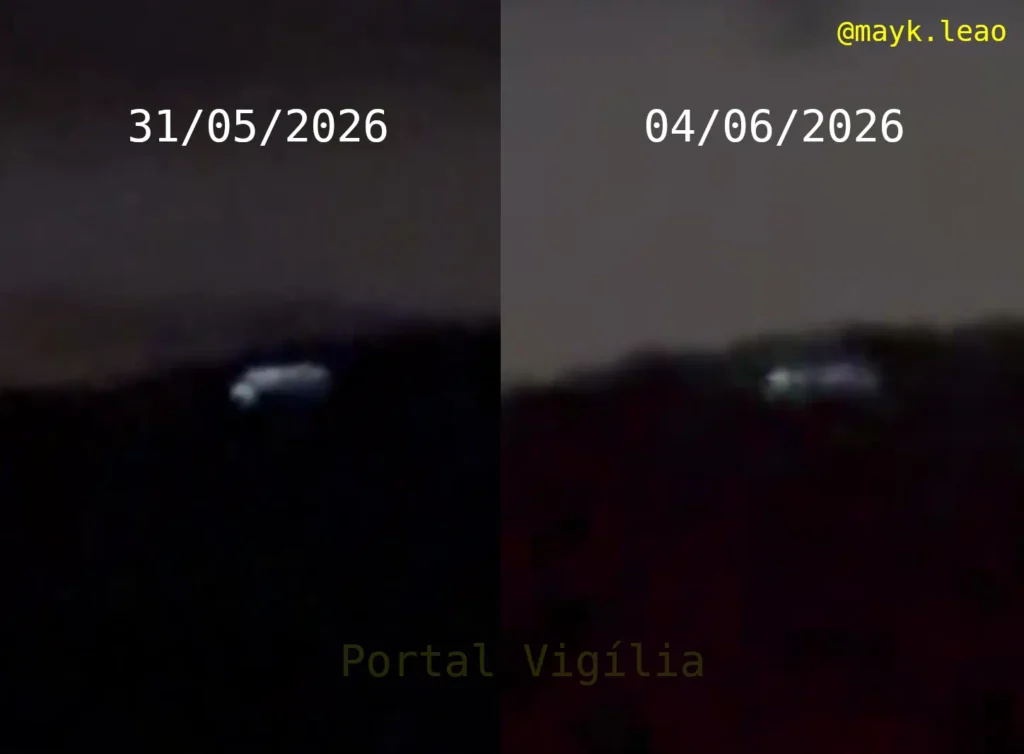 Encontrada a provável explicação para as luzes em Campo Largo (PR) 1 Um comparativo entre a imagem que viralizou em 31 de maio e o vídeo de hoje, 4 de junho (reprodução/Instagram @mayk.leao)