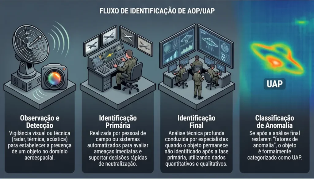 Monitoramento da Ucrânia de fenômenos aéreos não identificados vira exemplo para os EUA 3 Fluxo de identificacao de UAPs na Ucrania diagrama NotebookLM