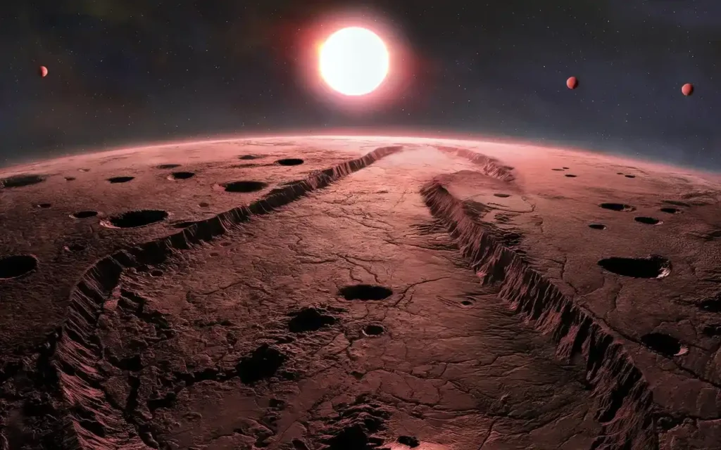 Descoberta de atmosfera no exoplaneta LHS 1140b impulsiona busca por vida 2 Recriação artística da visão a partir de um dos quatro planetas descobertos em Barnard. Imagem: International Gemini Observatory/NOIRLab/NSF/AURA/P. Marenfeld