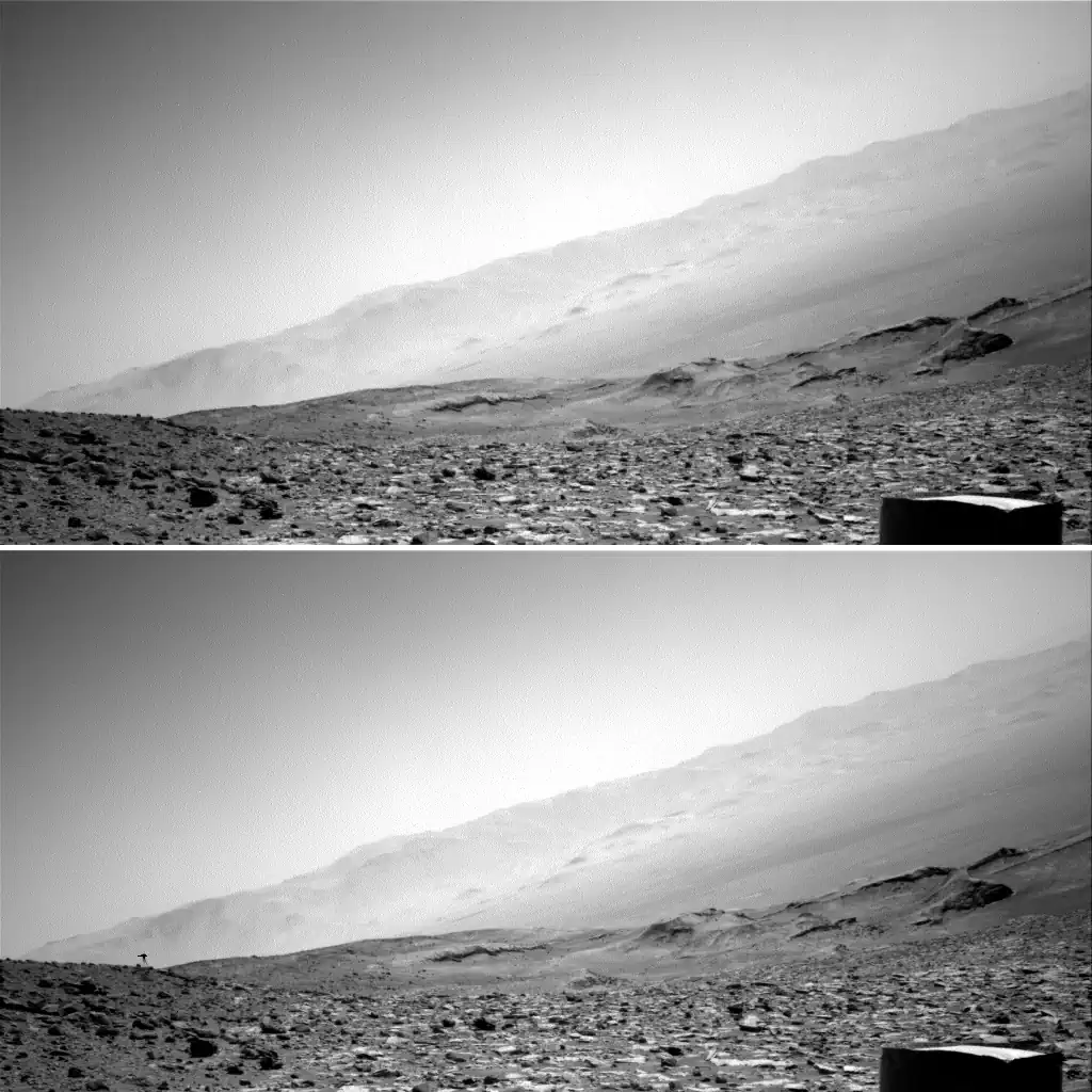 Curiosity registra anomalia em formato de água-viva em Marte 2 Antes de depois, num intervalo de 13 segundos (Fotos: Curiosity/NASA)