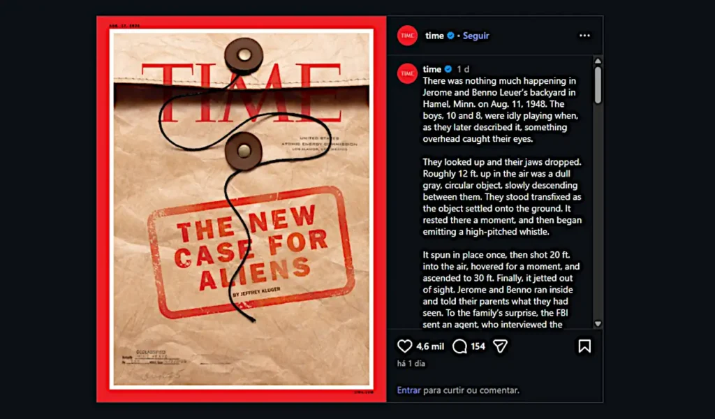 Revista Time analisa nova era de maturidade na discussão dos UAPs 1 Capa da Revista Time reproduzida em post na conta oficial da publicação no Instagram (Reprodução)