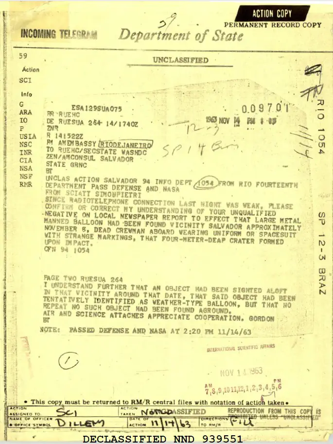 Quinta liberação de documentos dos EUA foca em bastidores da burocracia do fenômeno UAP 6 DOS-UAP-D001 - Comunicação diplomática da Embaixada dos EUA sobre o caso (esclarecido) de notícia falsa sobre queda de OVNI na Bahia em novembro de 1963