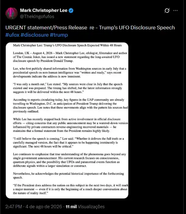 Mark Christopher Lee e sua nova previsão: o "Menino que Gritava Lobo" da Ufologia? 2 Mark Christopher Lee no X.com: 'Urgente' - agora vai. Ou não... (reprodução X.com).webp