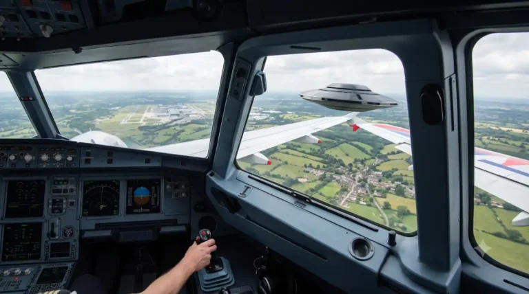 Piloto avista disco voador em Gatwick, no Reino Unido (imagem ilustrativa criada com Gemini IA)