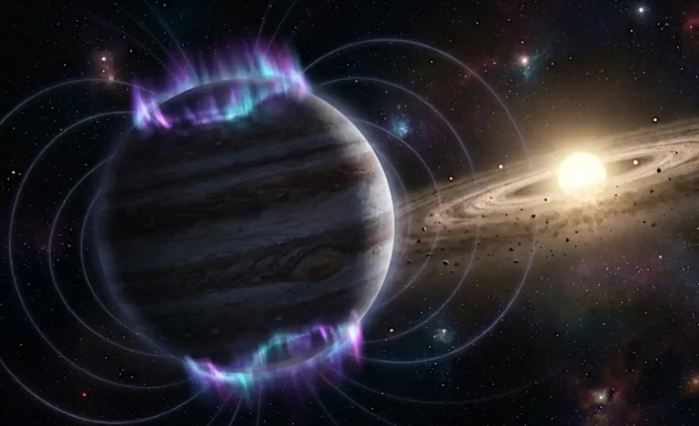 Beta Pictoris b - pela primeira vez, astrônomos detectam emissões de rádio de um planeta fora do Sistema Solar (exoplaneta), a 64 anos luz (ilustração por IA)