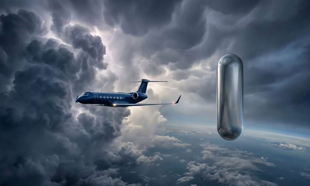 Dois pilotos de jato executivo relatam quase colisão com OVNI cilíndrico invisível aos radares e TCAS (ilustração por IA)