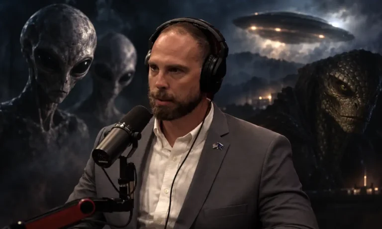Grusch 'quebra' a Internet UAP com revelação de suposta batalha entre Greys e Reptilianos (montagem com IA - Reprodução JRE)