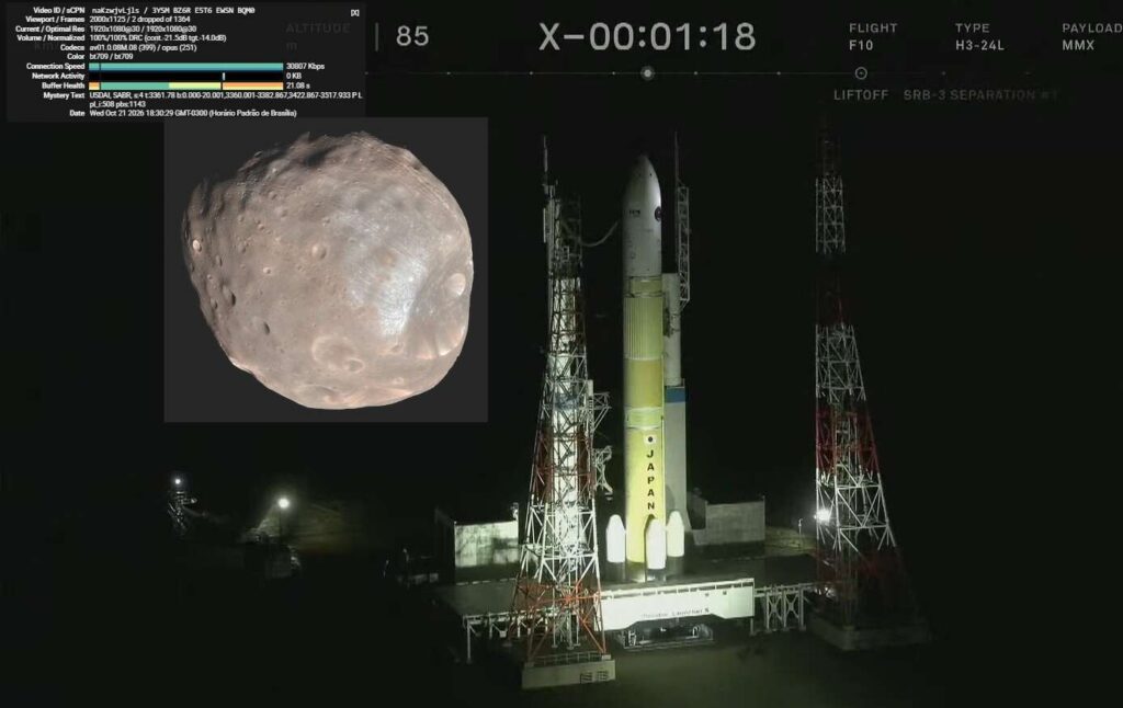 Lançamento da missão MMX rumo a Fobos (no destaque), lua de Marte, com o objetivo de trazer amostrar de volta à Terra (Jaxa)
