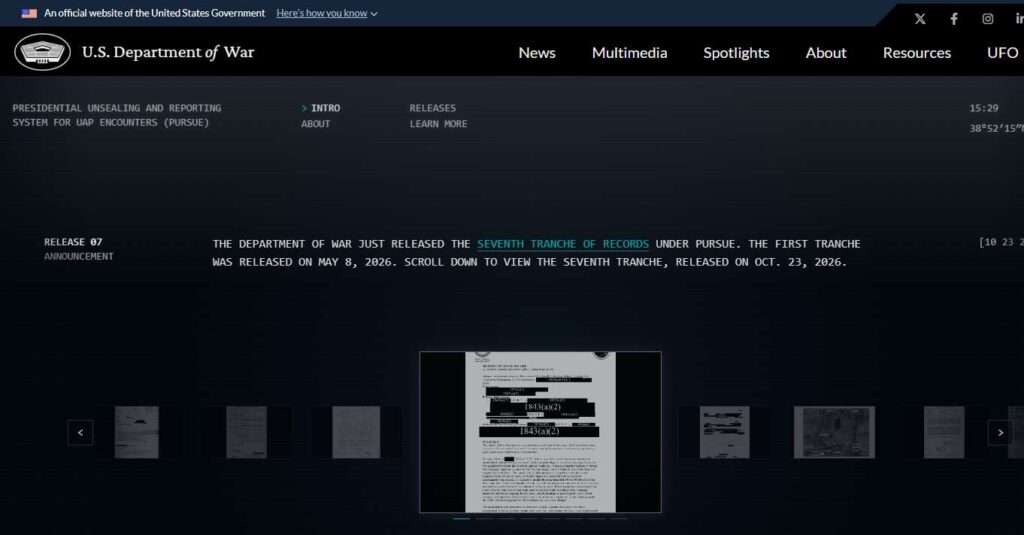 EUA divulgam 7º lote de arquivos sobre OVNIs. E mistério continua sem provas materiais 2 Site da iniciativa PURSUE - sétimo lote liberado, 28 documentos (Reprodução)